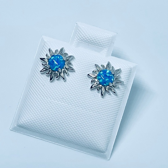 Sterling Silver Blue Lab Opal Blazing Sun Earrings, Silver Stud Earring, Sunny - Picture 9 of 13